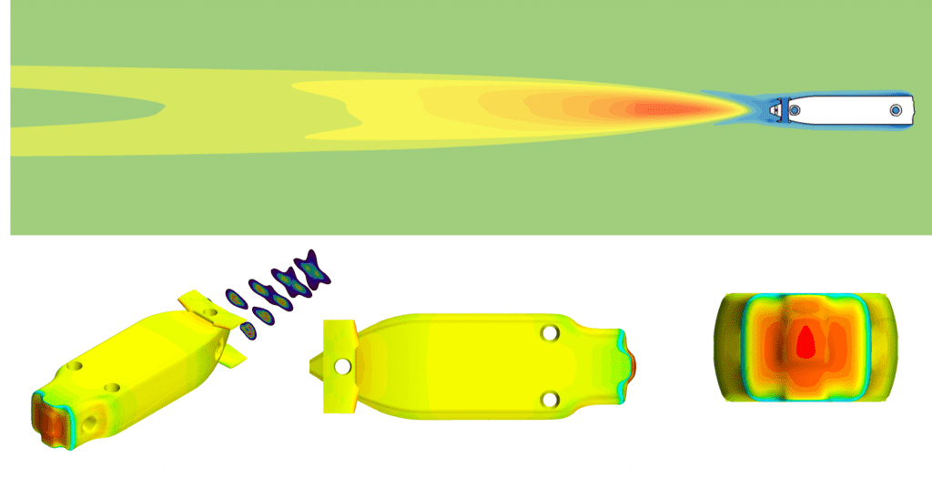 CFD simulation of underwater autonomous vehicle under different sea current configurations. The goal was to optimize the shape to improve the hydrodynamic performance of the vehicle.